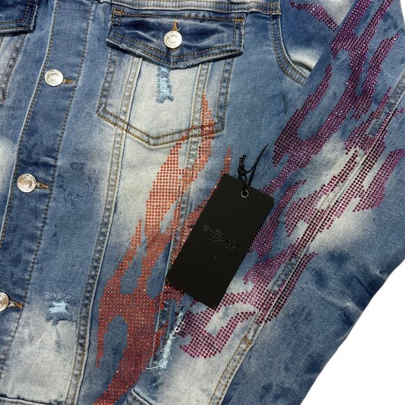 Mackeen Jean Jacket Size S Distressed Kenny Stretch Button Up Blue Denim - Picture 3 of 10